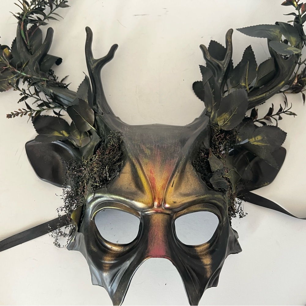 Hand Crafted Forest Deer Antler Halloween Mask Black Gold Hand Painted Moss Fern - Picture 3 of 12